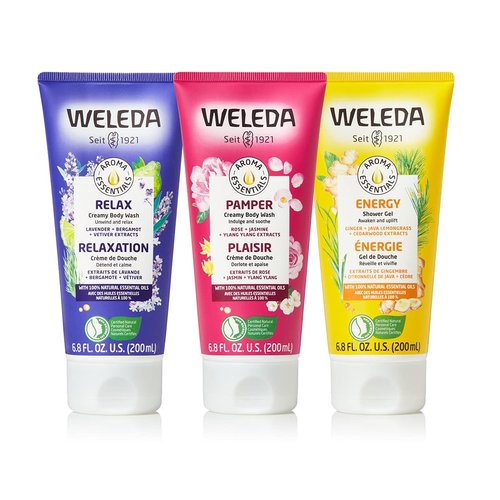 Weleda Aroma Essentials Body Wash Collection, 6.8 Fluid Ounce (Pack of 3), Energy Shower Gel, Pamper and Relax Body Wash, Gentle Plant Rich Cleanser