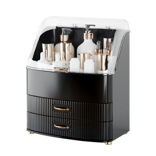 Plukers Makeup Organizer Countertop Vanity with Transparent Lid Drawers Waterproof Dustproof Cosmetic Skincare Bathroom Storage Gift for Women Teens Girls (Black)