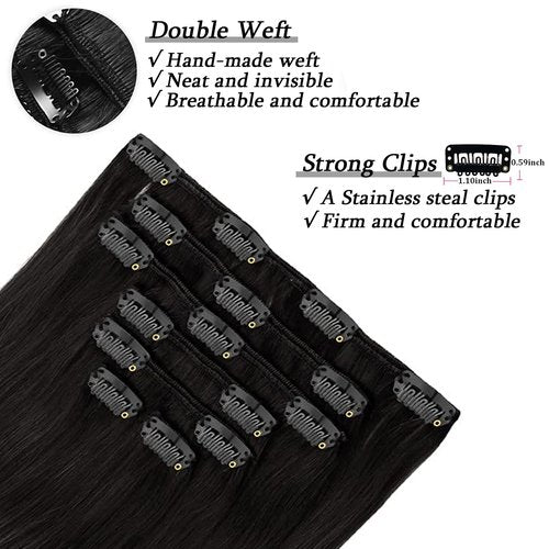 Savasana Clip in Hair Extensions Real Human Hair Straight 7 Pcs Long Black Hair Extensions Double Weft Thick Natural Black 14 Inch 80g