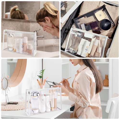 ROWNYEON Waterproof Toiletry Organizer Train Case, CLear Travel Makeup Bag for Women，Transparent Cosmetic Bag，Portable Makeup Case Organizer (White)