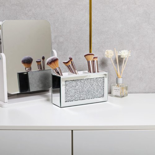 SWTHONY Silver Makeup Brush Holder Organizer, Bling 3 Slot Crushed Diamond Crystal Mirrored Cosmetic Brushes Storage, Eyeliners Eyebrow Pencil Display Case
