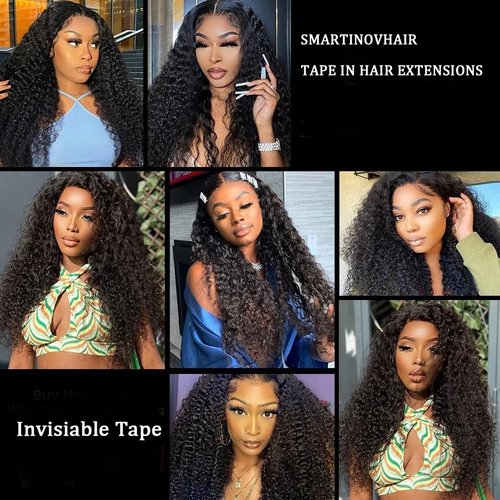 Curly Tape in Hair Extensions Human Hair for Women Water Wave Double Side Skin Weft Tape on 16 Inch Real Virgin Hair Deep Water Wave Invisible Seamless Hair Extensions 50g 20pcs