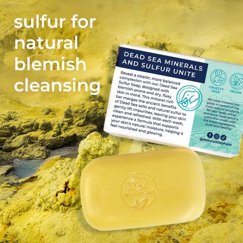 Natural Elephant Dead Sea Sulfur Soap 4.4 oz with Dead Sea Salt, Aloe Vera, Sulphur Face and Body Cleanser Bar for All Skin Types (6 Pack (26.4 oz Total))
