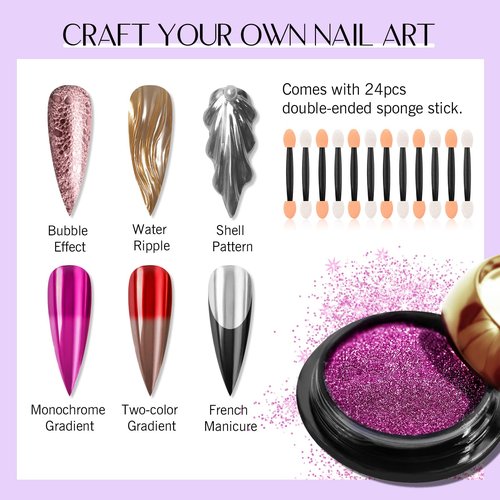 SAVILAND Chrome Nail Powder Set: 24 Colors Metallic Mirror Effect Iridescent Chrome Powder for Gel Polish Holographic Chameleon Nail Art Decoration Glitter Pigment Dust DIY Manicure Kit Home Salon Use