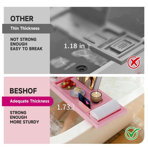 Foldable Bathtub Caddy Tray, Bamboo Bath Tub Tray Table for Tub with Wine Glass Holder Book Phone Tablet Holder with Extending Sides, Adjustable Bathroom Bathtub Free Soap Holder Gift Idea (Pink)