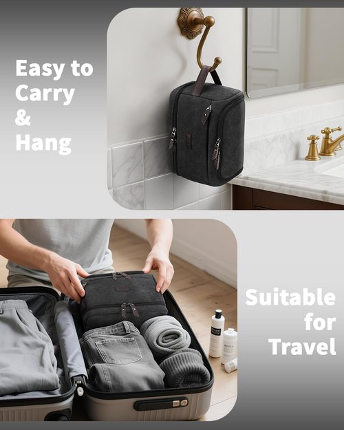 ZOMFELT Toiletry Bag for Men, Dual Layers Canvas Travel Toiletries Bag, Water-Resistant Travel Organizer with Elastic, Large Capacity Dopp Kit, Hanging Shaving Hygiene Bag, Black