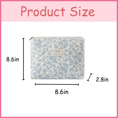 uekeboag Quilted Cotton Makeup Bag,Coquette Quilted Toiletry Bag for Women and Girls,Floral Coquette Pouch,Cute Kawaii Travel Cosmetic Bags(05Light Blue Flower)
