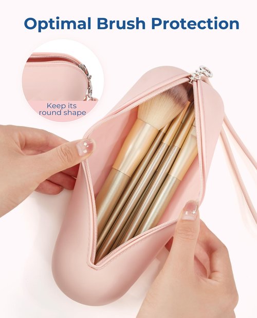 BAGSMART Makeup Brush Holder Bag, Travel Small Makeup Bag for Purse, Make Up Brush Bag Case Cosmetic Bag, Silicone Soft Portable Face Brushes Travel Essentials Organizer Holder, Pink