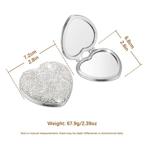 AsAlways Rhinestone Compact Pocket Mirror Portable Travel Cute Cosmetic Mirror Folding Handheld Double-Sided 1x/2x Magnifying Purse Mirror (Silver)