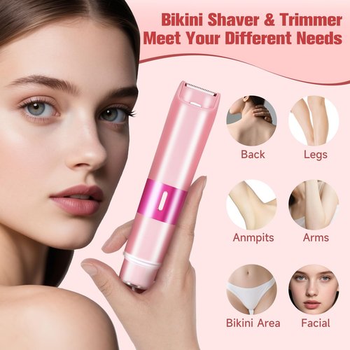 Bikini Trimmer for Women, 2 in 1 Electric Razor with LED Light, Rechargable Dual Head Electric Shaver Body Hair Remover, Painless Wet/Dry Use for Women Girls Travel