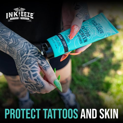 INK-EEZE Bundle: Green Tattoo Ointment 3.3oz Tube + Ink Shield Mineral Tattoo Sunscreen SPF30 3.3oz Tube