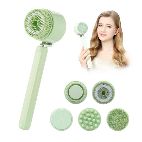 5-in-1 Electric Cleansing Brush, Rechargeable Body Brush with Long Handle, IPX7 Waterproof Back Scrubber with 3 Intensities Adjustable for Cleansing, Exfoliation, Foot Scrubbing and Massage (Green)