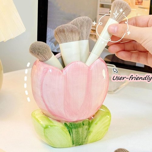 ZHU YU CHUN 1 PC Ceramic Tulip Make up Brush Holder Flower Toothbrush Holder Cosmetic Storage Box Pen and Pencil Holder Desktop Organizers (Pink)