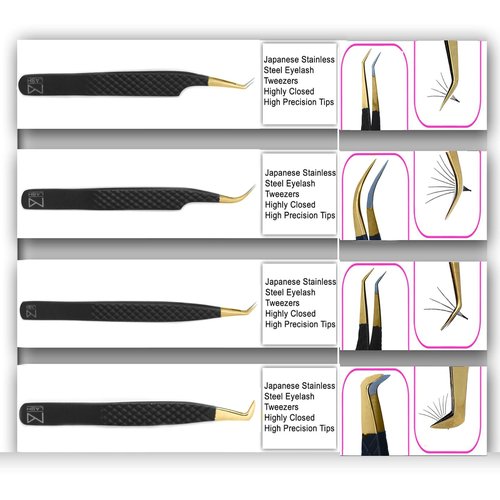 M LASH Tweezers for Eyelash Extensions (Set of 4) - Professional Lash Extension Tweezers - Fiber Tip, Japanese Steel, Diamond Grip Eyelash Extension Tweezer (Matte Black)