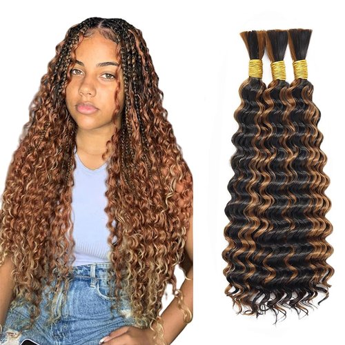 P430 Boho Hair for Braiding 16 16 16 Inch Deep Wave Bulk Brown Braiding Hair Deep Curly #30 Highlight Human Braiding Hair Extensions for Woman