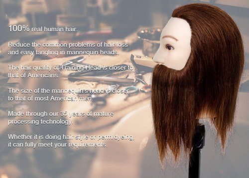 Stancia Male Mannequin Head,Training Head with 100% Human Hair,14” Barber Mannequin Head, Hairdresser Manikin Head, Training Doll Head for Hair Styling and Practice(with Beard,Dark Brown)