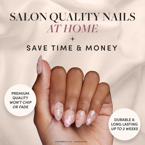 Glamnetic x Hello Kitty® and Friends Press On Nails - My Melody™ | Short Almond Gold Foil 3D Graphic Fake Nails in a Glossy Finish | 15 Sizes - 30 Nail Kit with Glue
