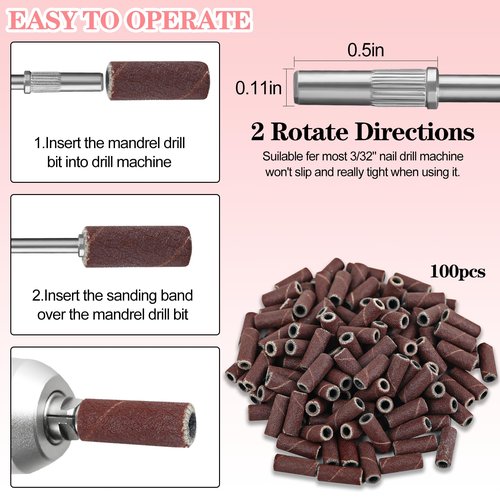 Vnjaoi 120 Pcs 3mm Small Sanding Bands with 2Pcs Small Mandrel Bit for Nail Drill, Upgrade Design Mini Nail Sanding Bands for Acrylic Nails Gel Removing Shaping, Manicure Nail Salon Use (180#)