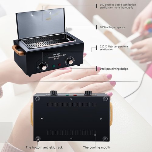 LXIANGN High Temperature Cleaning Box 300W 1.5L with Timer Dry Heat Sterilization Cabinet Equipment with Stainless Tray For Nail Tool Spa Pedicure Hairdressing Metal Tools with Handle (Black)
