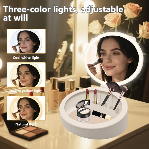 YNBXHJPP Makeup Mirror with Light, 4K high-Definition Touch Screen Travel Vanity Mirror with 3 Types of Lights, USB Charging, Detachable 3-inch 10x Magnifying Glass (White)