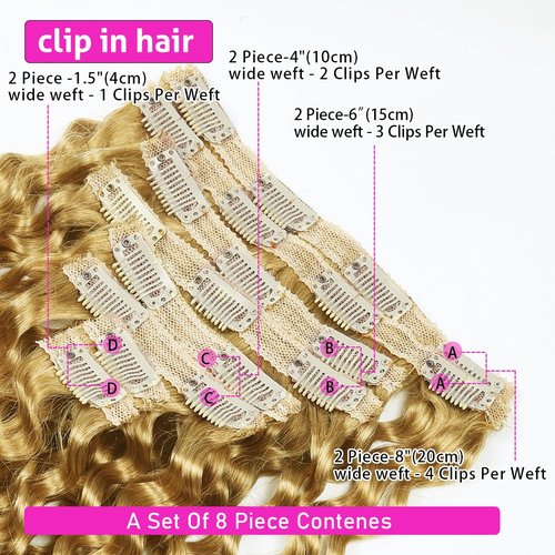 Curly Clip in Hair Extensions Real Human Hair 16inch 100g Invisible & Seamless 100% Brazilian Remy Human Extension Deep Wave Clip ins Extensions Double Weft 8 PCS with 20 Clips #27 Honey Blonde