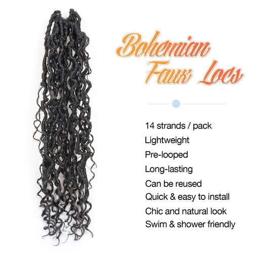 ToyoTress Boho Faux Locs Crochet Hair - 16 Inch Natural Black Bohemian Locs Crochet Hair With Curly Ends for Black Women, Shoulder Length Pre-looped Synthetic Braiding Hair Extensions（16 Inch, 1B-8P)