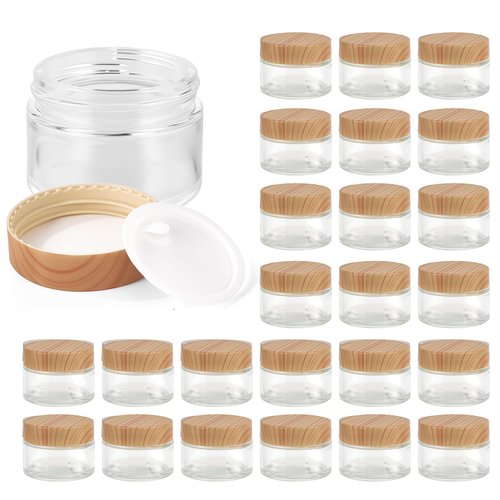 1oz Glass Jar with Lid, Hoa Kinh 25Pack Clear Round Containers Cosmetic with Inner Liners and Woodgrain Lids Travel Jars for Storing Lip and Body Scrub, Lotion, Body Butter, Bath Salts, Liquid