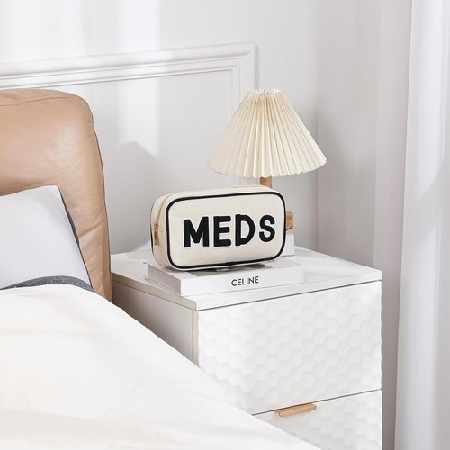 RSRSLEII 2Pcs Small Canvas Rx MEDS Medicine Packages, Cute Chenille Letter Patch Drug Makeup Bag with Metal Zipper, Mini Travel First Aid Purse Organizer Machine Washable (05RX and MEDS)