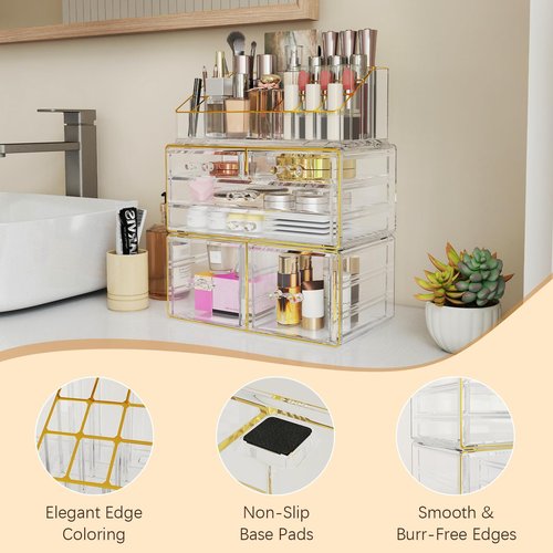 Delamu 3PCS Stackable Makeup Organizer, Cosmetic Organizer with 6 Drawers for Bathroom/Bedroom, Vanity Organizer for Lipstick Brush, Skincare, Perfume, Clear