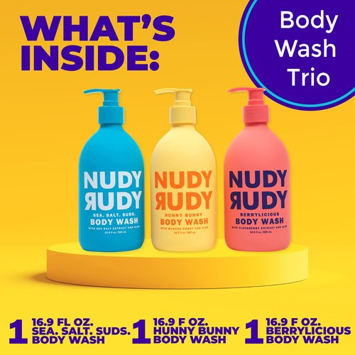 Nudy Rudy 3 Pack Liquid Body Wash Bundle Sea Salt Suds Berrylicious and Hunny Bunny Aloe Manuka Honey Vitamin E Moisturizing Shower Gel Body Wash Skin Care Men and Women 16.9 fl oz