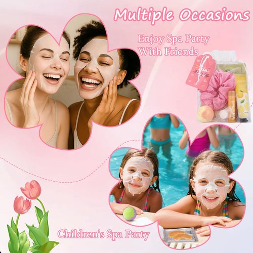 Jutqut 60PCS Spa Party Supplies for Girls, Include Facial Masks, Lip Mask, Under Eye Patches, Lip Balm, Foot Bath Bombs, Hand Cream, Compressed Towel, Hair Band, Sleepover Party Supplies for Girls