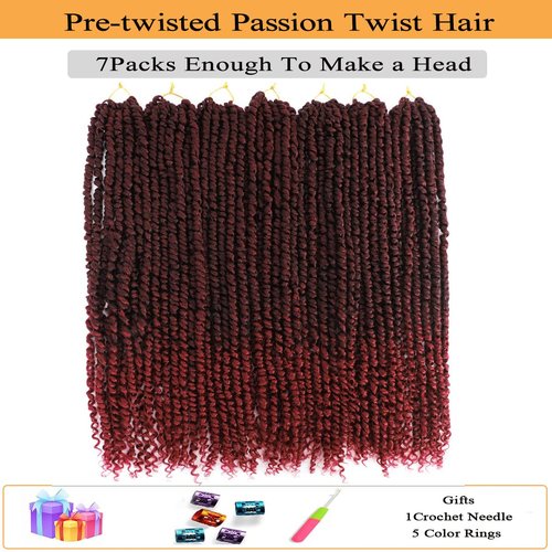 Passion Twist Hair 24 Inch 7Packs Red Ombre Burgundy Long Pre-twisted Passion Twist Crochet Hair Pre-looped Crochet Hair for Black Women (7Packs,Tbug)