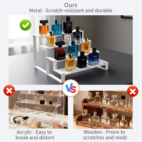 GOENDR Cologne Organizer for Men, 4 Tier All Metal Perfume Organizer Stand, Versatile Step Display Risers Shelf for Fragrance, Skincare, Figurine, Cupcake, Dessert, Spice, 1 Set White