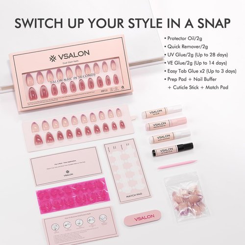 VSALON Short Almond Press-On Nails, 42 Count (Pack of 1), French Tip & Cat Eye, Cream Finish, Plastic, 16 Sizes & 10 Alternative Nails, UV Glue, Easy Tabs, Remover (Rose Sweetheart)