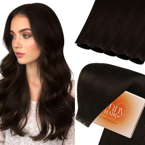 Sunny Hair Genius Weft Hair Extensions Human Hair Dark Brown Genius Sew in Hair Extensions Real Human Human Hair Brown Hand Tied Hair Weft Extensions for Women Real Hair Short Straight Hair 14inch