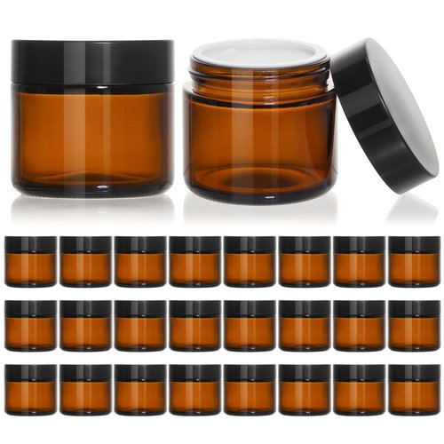 KEYWING 2 oz Amber Glass Jars with Black Lids, 24 Pack Small Cosmetic Jars, Round Empty Sample Container with Inner Liners for Lotions, Cream, Powders and Ointments