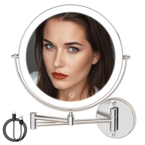 Batuso 8.5" Wall Mounted Makeup Mirror with Light, 2000mAh Rechargeable Double Sided 1X / 10X Magnifying Vanity Mirror, 3 Color Lights Touch Dimmable 360° Rotation Bathroom Mirror, Chrome