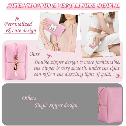 ONEDIGI Preppy Makeup Bag, Personalized Initial Letter Patch Makeup Bag, Large Capacity Cosmetic Bags for Women, Cute PU Leather Waterproof Travel Toiletry Bag for Teen Girls (Letter M,Pink)