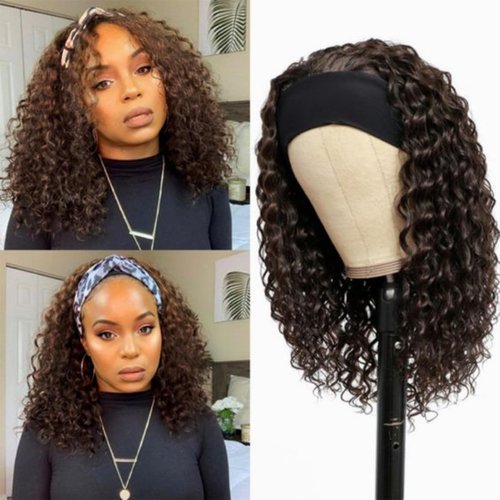 Punmasa Headband Wig Human Hair Deep Wave Chocolate Brown Headband Wigs for black women Glueless Wigs Human Hair Machine Made 150% Density headband wig human hair with Headbands (12Inch)