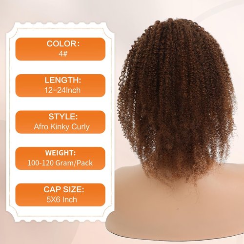 Afro Kinky Curly Ponytail Human Hair 150% Density Brazilian Virgin Hair 4C Afro Puff Drawstring Ponytail Extension for Black Women Dark Brown Color （12 Inch 4#）