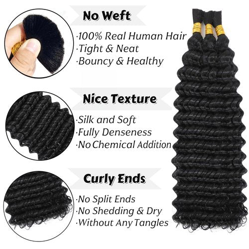 Human Braiding Hair for Boho Braids Deep Wave Bulk Human Hair 120g 18 Inch 12A Knotless Boho Braiding Curly 100% Virgin No Weft Extensions Bohemian Braids 3 Bundles/Pack Natural Color