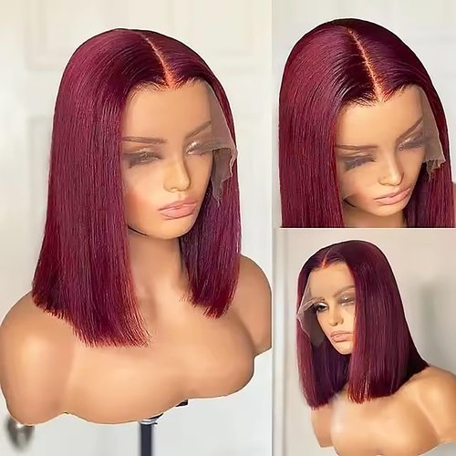 Belaved 13X4 HD Transparent 99J Burgundy Bob Lace Front Wigs Human Hair Straight Glueless Bob Wig Human Hair 14 Inch Pre Plucked Pre Cut Bob Lace Frontal Wigs with Natural Hairline for Black Women