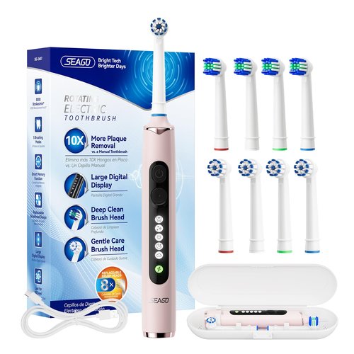 SEAGO Soft Round Electric Toothbrushes with 8 Spin Brush Heads, 5 Cleaning Modes, Rechargeable Sonic Toothbrush with Timer and Travel Case for Adults and Kids(SG-2607-Pink