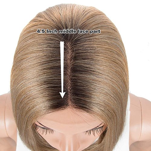 NOBLE Honey Blonde Lace Front Bob Wigs for Women T Part HD Lace Front Wigs with Brown Roots Synthetic Long Bob Wigs for Party and Daily Use (Ombre Brown Blonde with Dark Root Color)