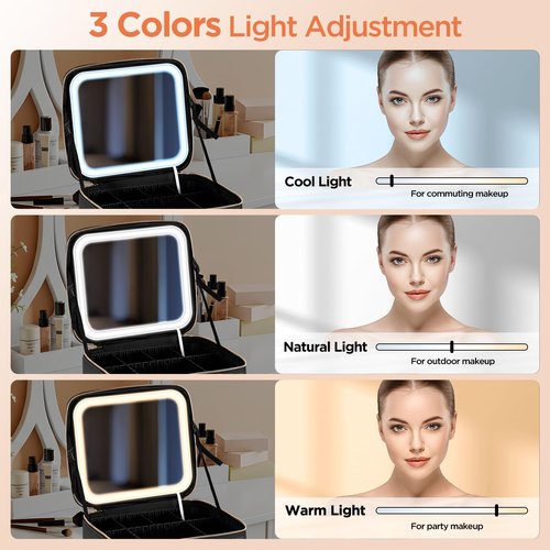 IPOW Travel Makeup Bag with LED Mirror, 3 Adjustable Light Settings, Customizable Dividers, Portable Travel Organizer, USB Charging, Black, Small