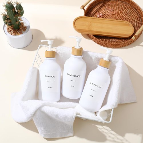 Shampoo and Conditioner Dispenser, Shower Soap Dispenser with Bamboo Pumps/Tray, Refillable Shampoo and Conditioner Bottles, Shower Shampoo Dispenser 3 Chamber, 16oz(White)