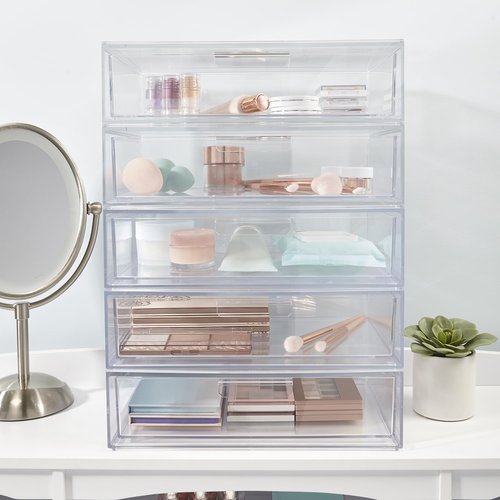STORi Audrey Stackable Clear Bin Plastic Organizer Drawer | Organize Eyeshadow Palettes, Cosmetics, and Beauty Supplies on a Vanity | Made in USA