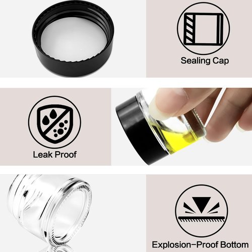 Seuqhck 70 Pack 10ml Small Clear Jars with Black Lids, Empty Glass Cosmetic Containers with Liners Round Bulk Airtight Cream Bottle for Beauty Product Samples, Travel, Storing Lotions, Essences
