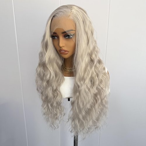 RONGDUOYI Ash Blonde Synthetic Lace Front Wigs for Women Grayish Blonde Long Loose Curly Wig Heat Resistant Fiber Hair 13x4 Frontal Lace Natural Hairline Daily Use Cosplay Wig