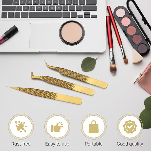 Lash Tweezers for Eyelash Extensions with Diamond Grip, Japanese Stainless Steel, Set of 3 - Great Precision for Classic, Volume & Mega Volume, Premium 45 Degree Curved Set for Women (Gold)